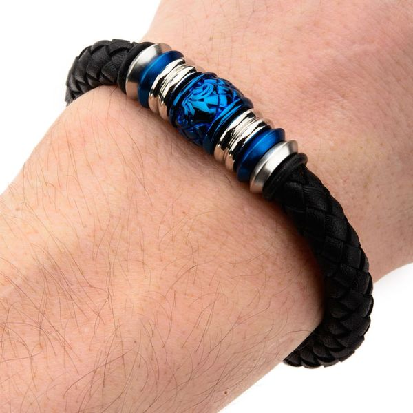 Men's Double Braided Royal Blue Leather Stainless Steel Bracelet