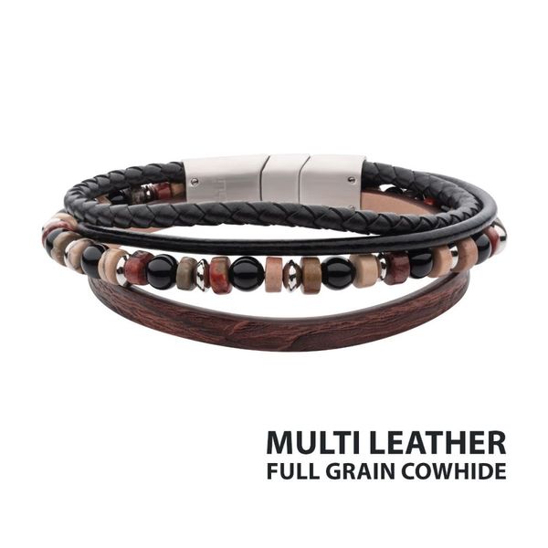 Brown & Black Leather with Black Onyx & Bloodstone Bead Multi-Strand Bracelet Spath Jewelers Bartow, FL