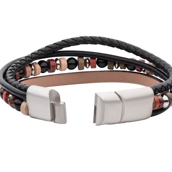 Brown & Black Leather with Black Onyx & Bloodstone Bead Multi-Strand Bracelet Image 3 Z's Fine Jewelry Peoria, AZ