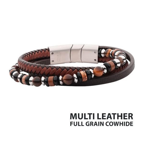 Brown Leather with Black Onyx,Tiger's Eye & Piccaso Jasper Stone Bead Multi-Strand Bracelet Crews Jewelry Grandview, MO
