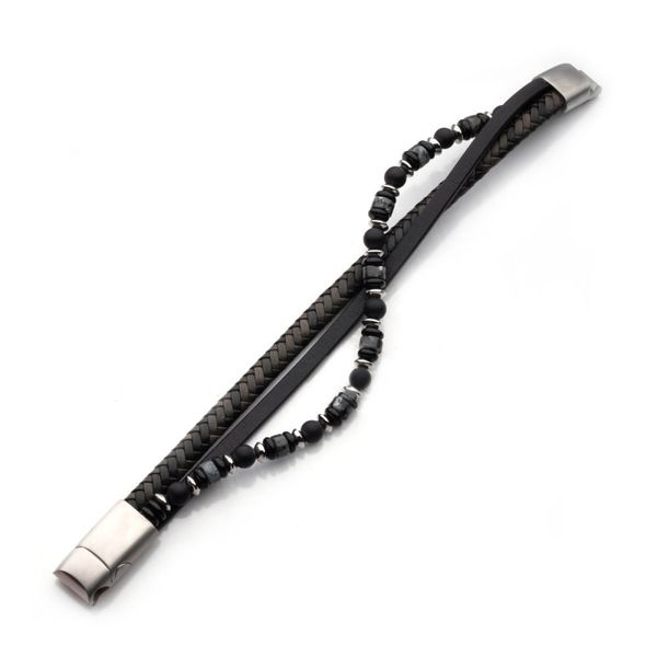 Black & Grey Leather with Black Onyx & White Howlite Stone Bead Multi-Strand Bracelet Image 2 Peran & Scannell Jewelers Houston, TX