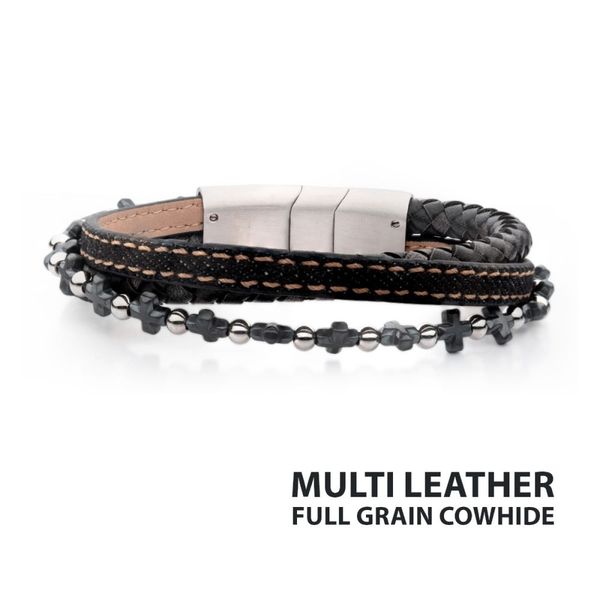 Denim, Black & Brown Full Grain Cowhide Leather with Hematite Cross Bead Multi-Strand Bracelet Mueller Jewelers Chisago City, MN