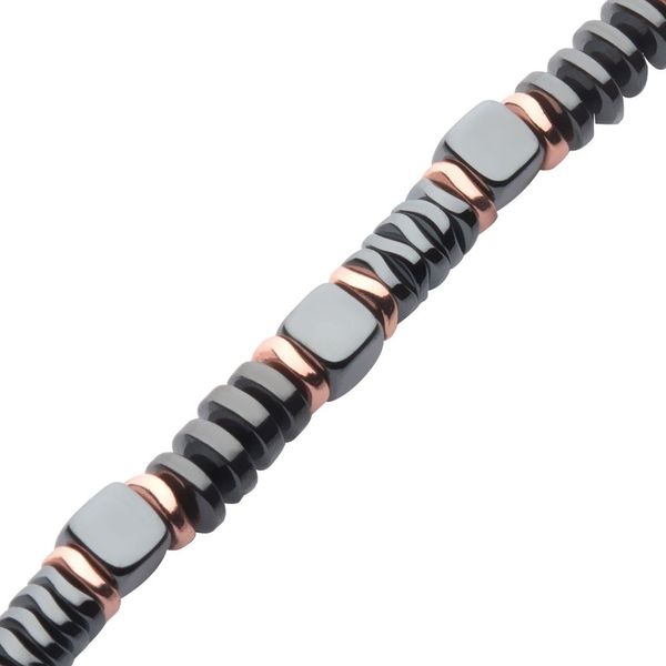 Black & Rose Gold Hematite Beads Bracelet with Hinged Steel Hook Clasp Image 3 Carroll / Ochs Jewelers Monroe, MI