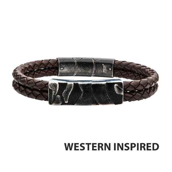 Brown Leather with Gun Metal Plated 3D Canyon Pattern Bracelet Valentine's Fine Jewelry Dallas, PA