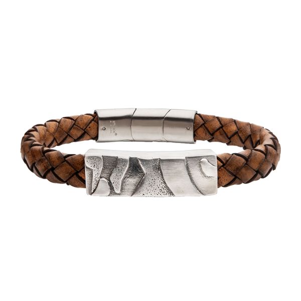 Brown Leather with Steel 3D Canyon Pattern Bracelet Valentine's Fine Jewelry Dallas, PA