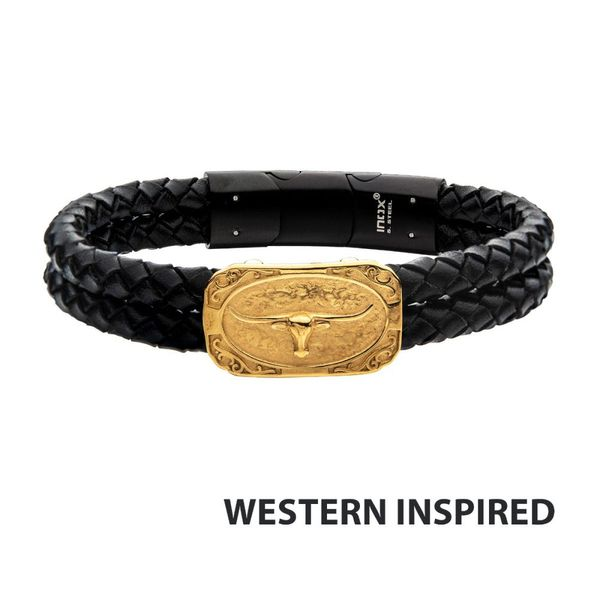 Double Strand Black Leather with Gold IP Longhorn Bracelet, Alan Miller  Jewelers