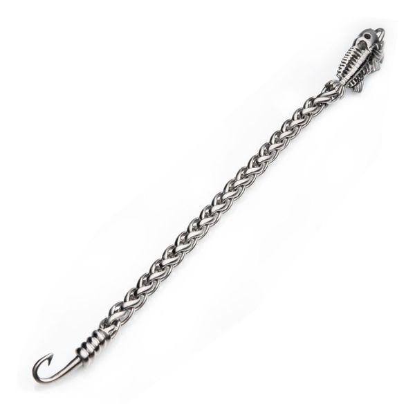 Polished Steel Wheat Chain with Fishbone on Hook Clasp Brace