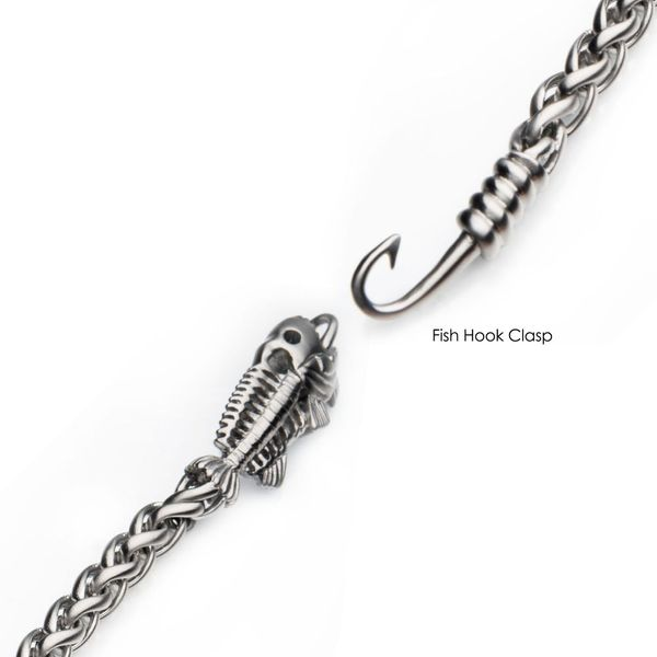 Polished Steel Wheat Chain with Fishbone On Hook Clasp Bracelet
