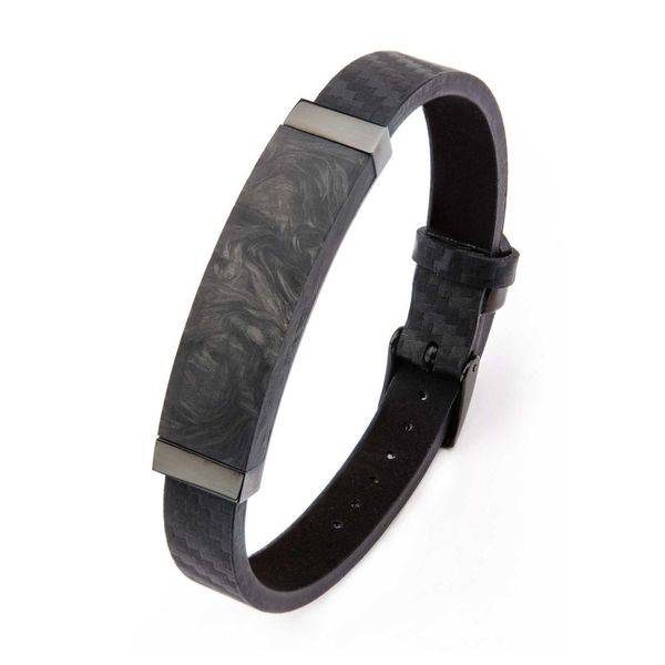 Black Leather and Solid Carbon Graphite Bracelet with Belt Buckle Clasp Image 2 Midtown Diamonds Reno, NV