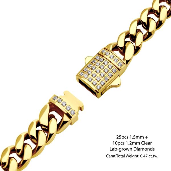 10mm 18K Gold Plated Miami Cuban Chain Necklace with CNC Precision Set Lab-grown Diamonds Double Tab Box Clasp  Image 3 Morin Jewelers Southbridge, MA