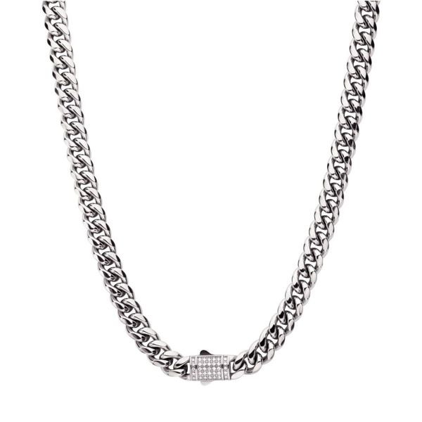 10mm Steel Miami Cuban Chain Necklace with CNC Precision Set Lab-grown Diamonds Double Tab Box Clasp  Image 2 Lewis Jewelers, Inc. Ansonia, CT