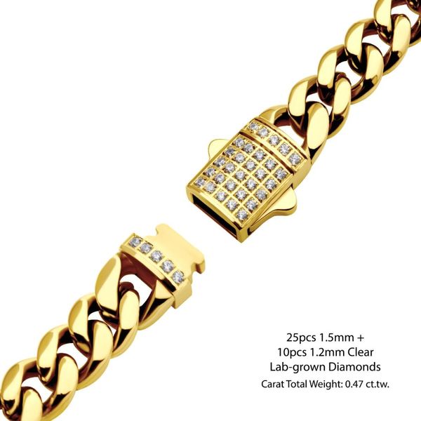 10mm 18K Gold Plated Miami Cuban Chain Bracelet with CNC Precision Set Lab-grown Diamonds Image 3 P.K. Bennett Jewelers Mundelein, IL