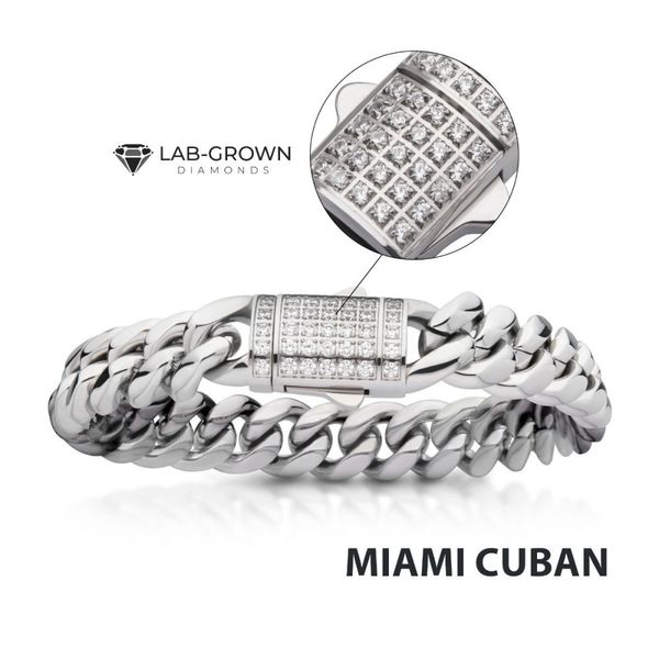 12mm Steel Miami Cuban Chain Bracelet with CNC Precision Set Lab-grown Diamonds Lewis Jewelers, Inc. Ansonia, CT