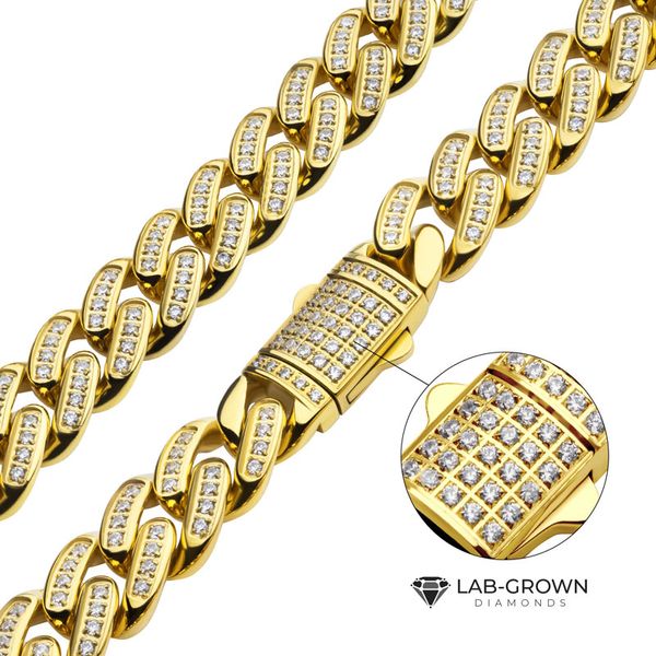 12mm 18Kt Gold IP Miami Cuban Chain Necklace with CNC Precision Set Full Clear Lab-grown Diamonds Double Tab Box Clasp Lewis Jewelers, Inc. Ansonia, CT