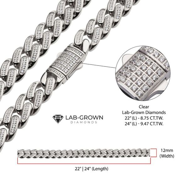 12mm Steel Miami Cuban Chain Necklace with CNC Precision Set Full Clear  Lab-grown Diamonds