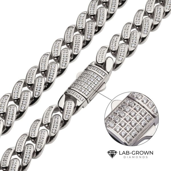 12mm Steel Miami Cuban Chain Necklace with CNC Precision Set Full Clear Lab-grown Diamonds Double Tab Box Clasp K. Martin Jeweler Dodge City, KS