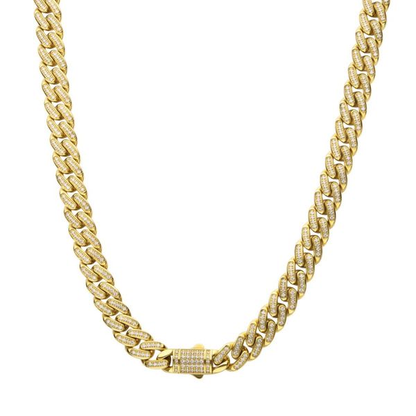 12mm 18Kt Gold IP Miami Cuban Chain Necklace with CNC Precision Set Full Clear Lab-grown Diamonds Double Tab Box Clasp Image 2 Ware's Jewelers Bradenton, FL