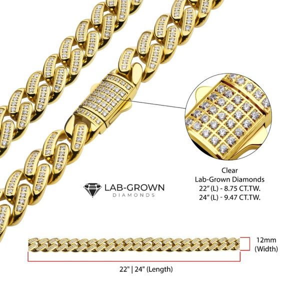 12mm 18Kt Gold IP Miami Cuban Chain Necklace with CNC Precision Set Full Clear Lab-grown Diamonds Double Tab Box Clasp Image 4 Morin Jewelers Southbridge, MA