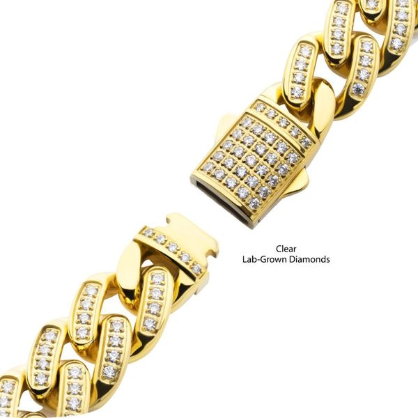 12mm 18Kt Gold IP Miami Cuban Chain Bracelet with CNC Precision Set Full Clear Lab-grown Diamonds Double Tab Box Clasp Image 3 Lewis Jewelers, Inc. Ansonia, CT