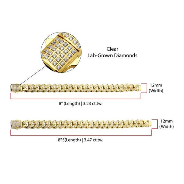 12mm 18Kt Gold IP Miami Cuban Chain Bracelet with CNC Precision Set Full Clear Lab-grown Diamonds Double Tab Box Clasp Image 4 Ken Walker Jewelers Gig Harbor, WA