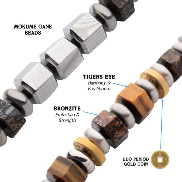 8mm Mokume Gane, Bronzite and Tiger's Eye Beads Bushido Virt, W.P. Shelton  Jewelers