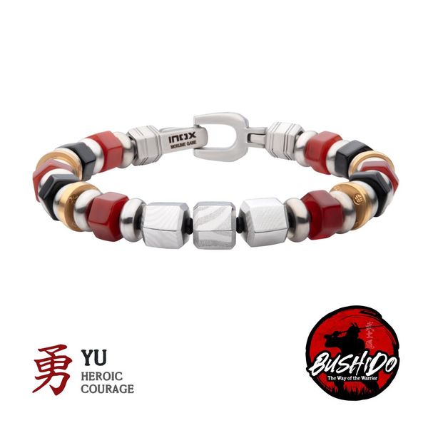 8mm Mokume Gane, Red Agate and Onyx Beads Bushido Virtue Bracelet - YU: Heroic Courage Thomas A. Davis Jewelers Holland, MI