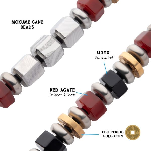 8mm Mokume Gane, Red Agate and Onyx Beads Bushido Virtue Bracelet - YU: Heroic Courage Image 3 Daniel Jewelers Brewster, NY