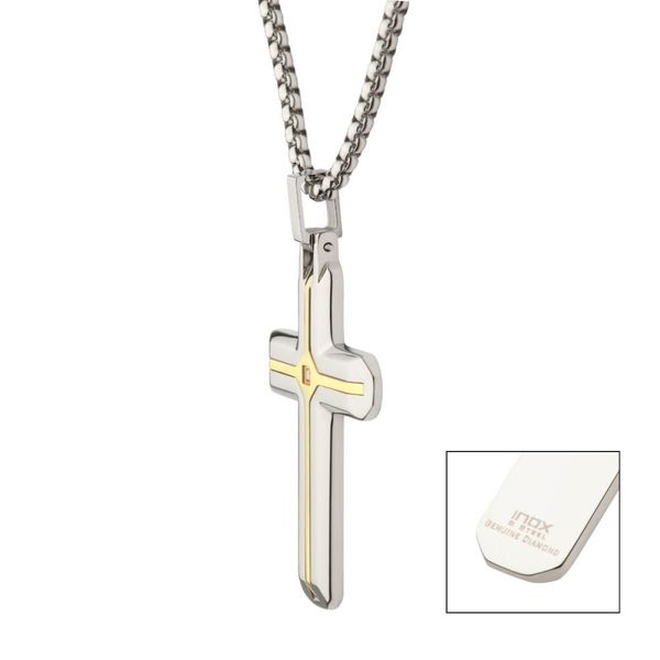 18Kt Gold IP Stainless Steel Two Tone Lab-Grown Diamond Cross Pendant with Box Chain Image 3 Lewis Jewelers, Inc. Ansonia, CT