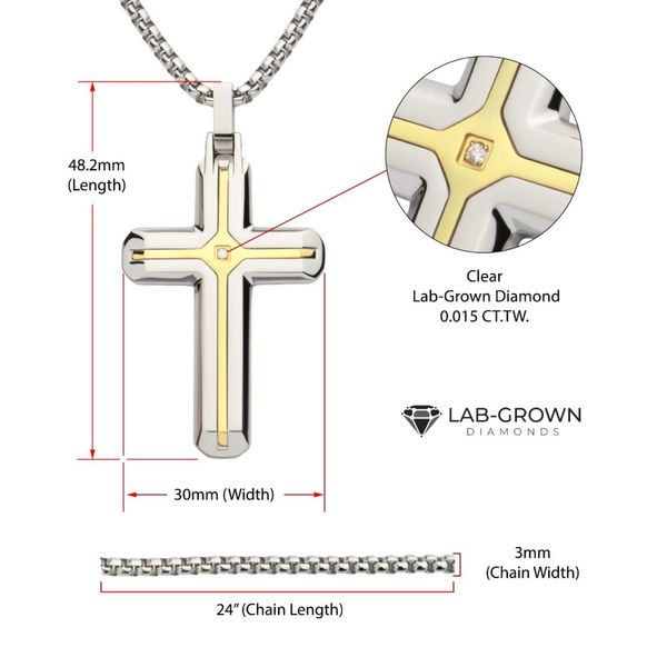 18Kt Gold IP Stainless Steel Two Tone Lab-Grown Diamond Cross Pendant with Box Chain Image 4 Mueller Jewelers Chisago City, MN