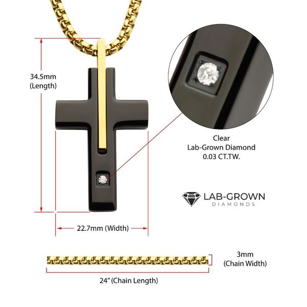 18Kt Gold IP Stainless Steel Two Tone Black IP Lab-Grown Diamond Cross Pendant with Box Chain Image 4 Midtown Diamonds Reno, NV