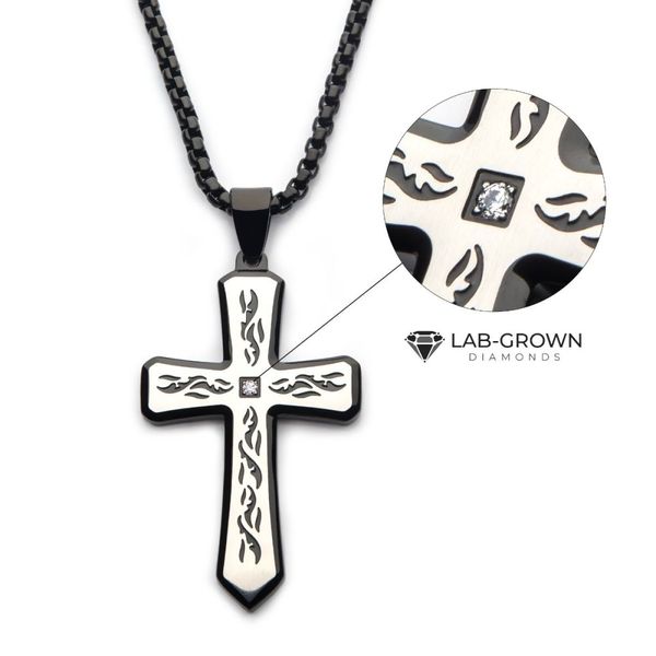 Black Plated Tribal Cross Pendant with 2mm Lab-grown Diamond, with 24