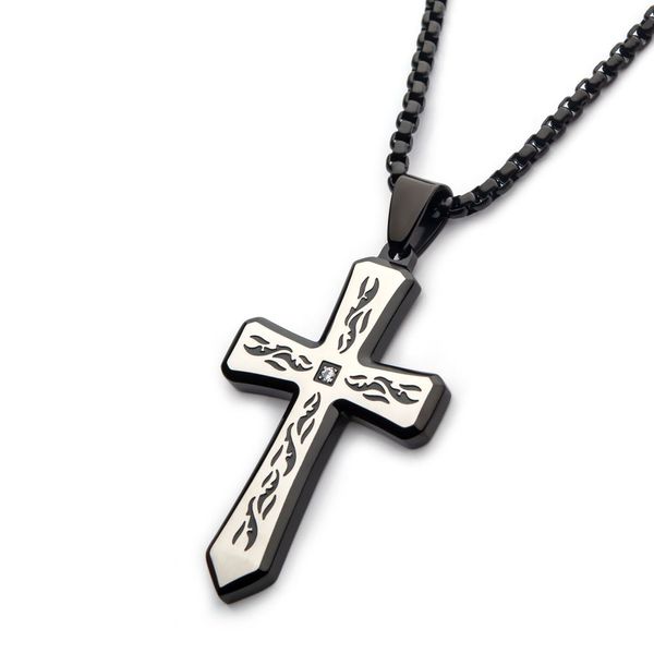 Black Plated Tribal Cross Pendant with 2mm Lab-grown Diamond, with 24