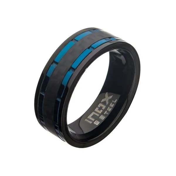 INOX Black Carbon Fiber Hammered Ring with Blue IP Lines | Alexander ...