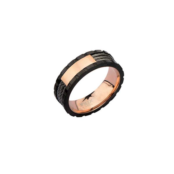 Rose Gold Plated Inner Ring with Black Line and Inlayed Cables Morin Jewelers Southbridge, MA