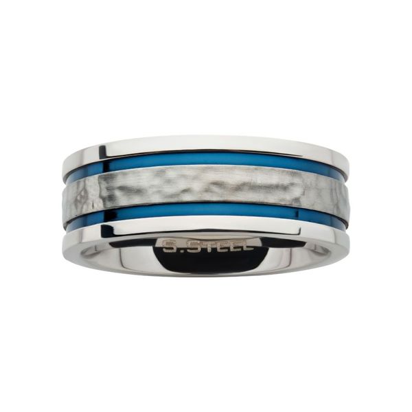 Steel Hammer Centered Ring with Thin Blue IP Lines Image 2 Cellini Design Jewelers Orange, CT