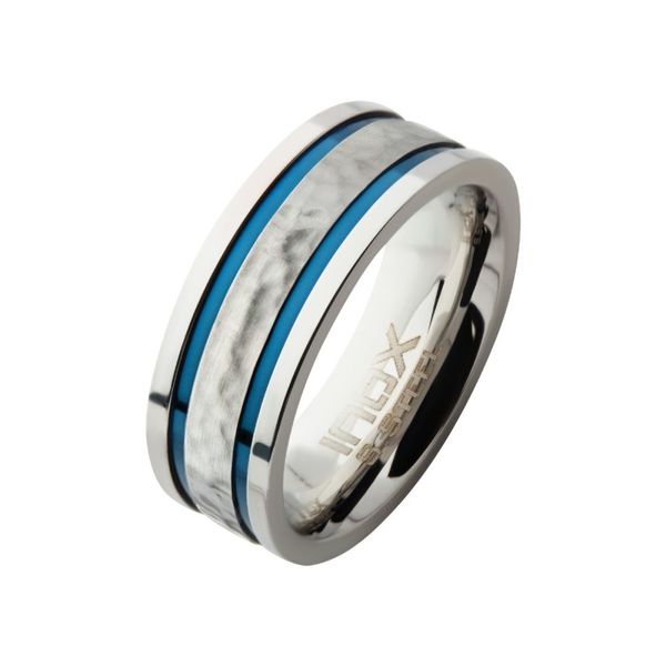 8mm Hammered Steel Center Comfort Fit Ring with Thin Blue IP Lines Mueller Jewelers Chisago City, MN