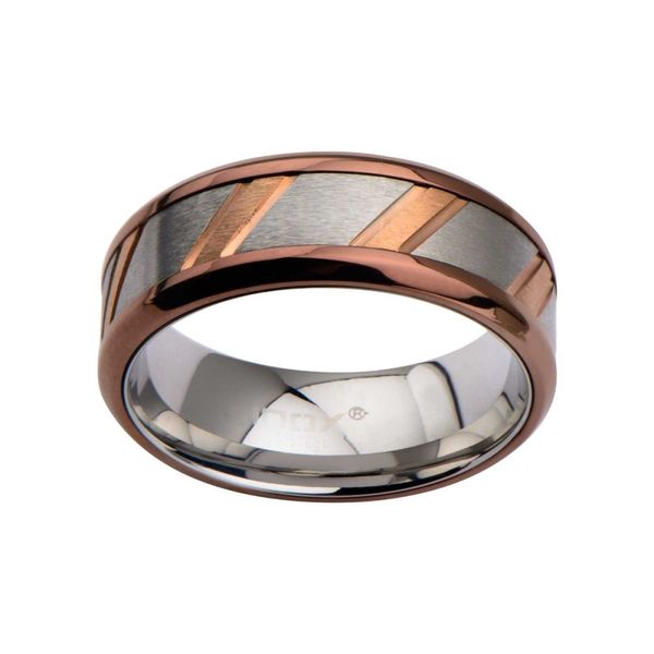 Rose Gold Plated & Steel Ring with Diagonal Lines Image 2 Enchanted Jewelry Plainfield, CT
