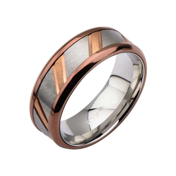 Rose Gold Plated & Steel Ring with Diagonal Lines Morin Jewelers Southbridge, MA
