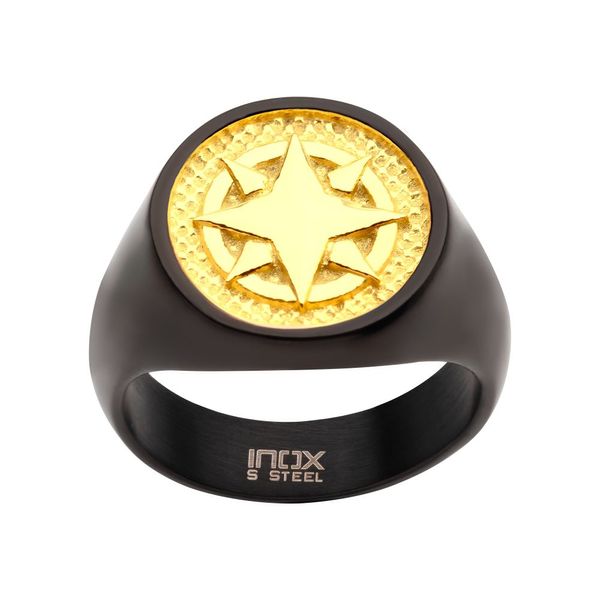 18Kt Gold IP Wayfinder Compass Black IP Signet Ring Image 2 Mitchell's Jewelry Norman, OK