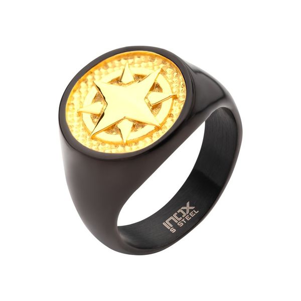 18Kt Gold IP Wayfinder Compass Black IP Signet Ring Lewis Jewelers, Inc. Ansonia, CT
