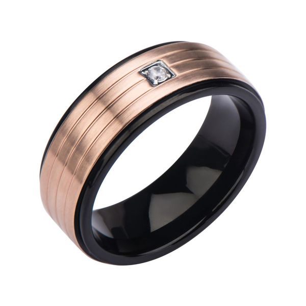 Two-tone Black IP & Rose Gold IP in 3 Lines with Clear Gem T | Ask Design  Jewelers | Olean, NY