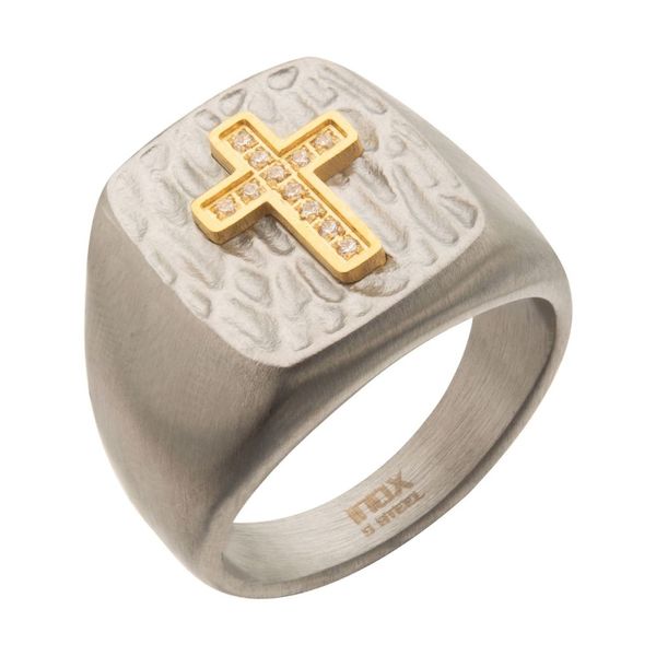 Gold Plated Cross with Clear CZs on Steel Hammered Signet Rings Jayson Jewelers Cape Girardeau, MO