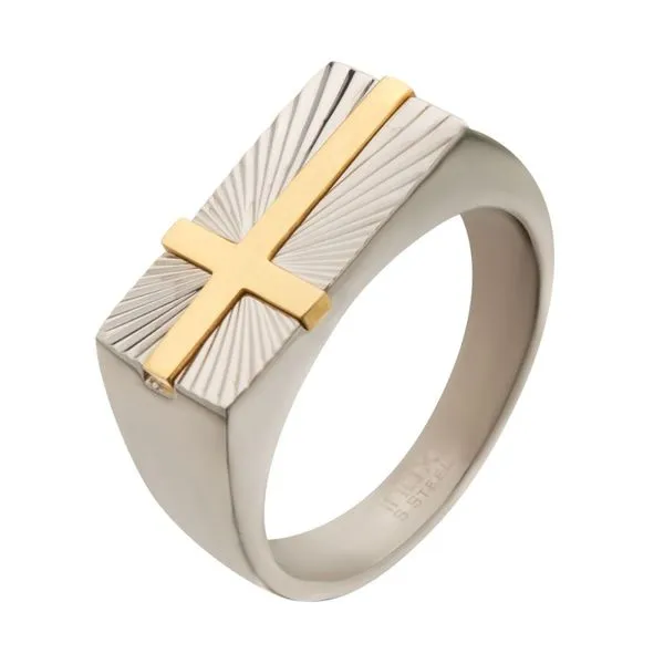 INOX Stainless Steel with Gold IP Transfiguration Cross Ring