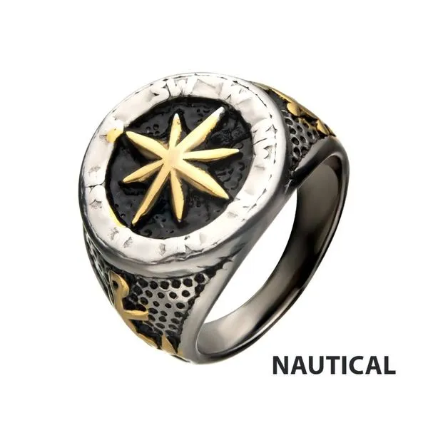 Stainless Steel Gold IP Black Oxidized Vintage Anchor Compass Signet Ring