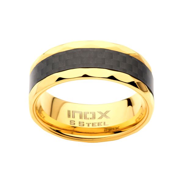 8mm 18K Gold IP Carbon Fiber Faceted Comfort Fit Ring Image 2 Leitzel's Jewelry Myerstown, PA