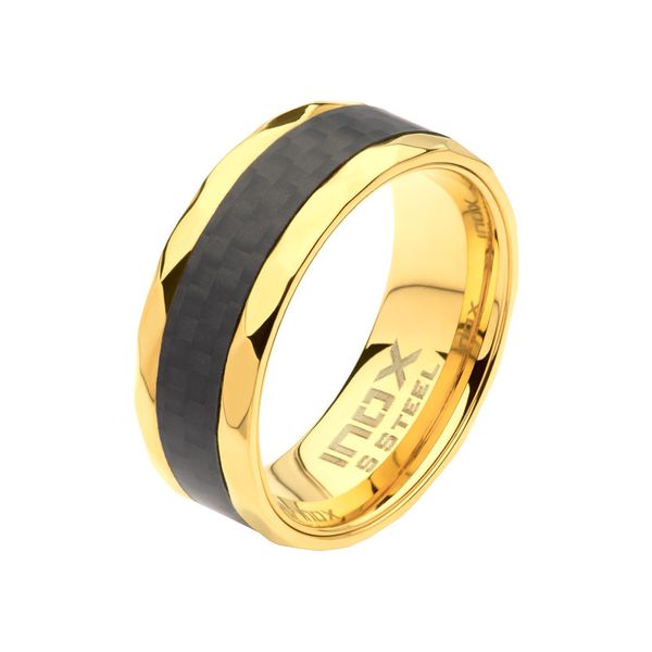 8mm 18K Gold IP Carbon Fiber Faceted Comfort Fit Ring Crews Jewelry Grandview, MO