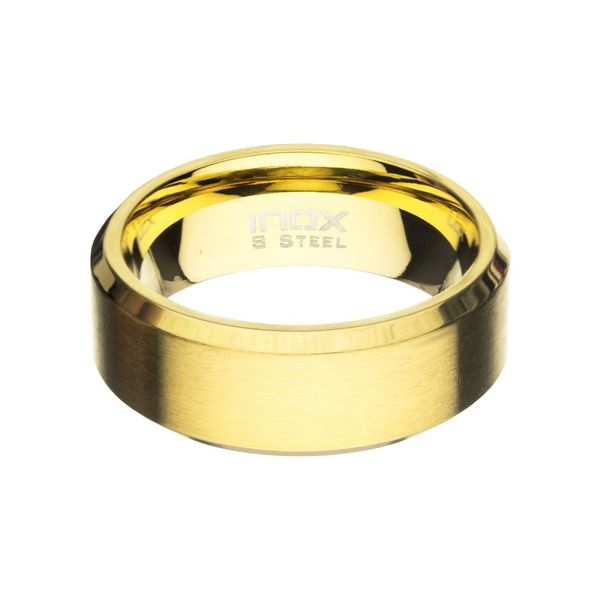 8mm Matte Finish 18Kt Gold IP Steel Beveled Comfort Fit Wedding Band Ring