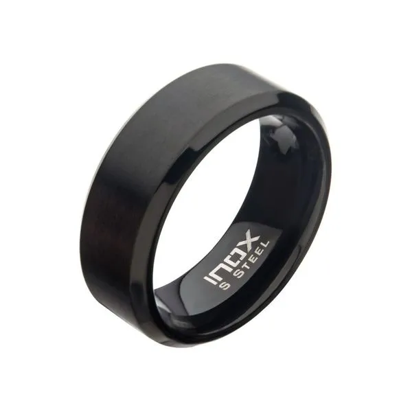 8mm Matte Finish Black IP Steel Beveled Comfort Fit Wedding Band Ring