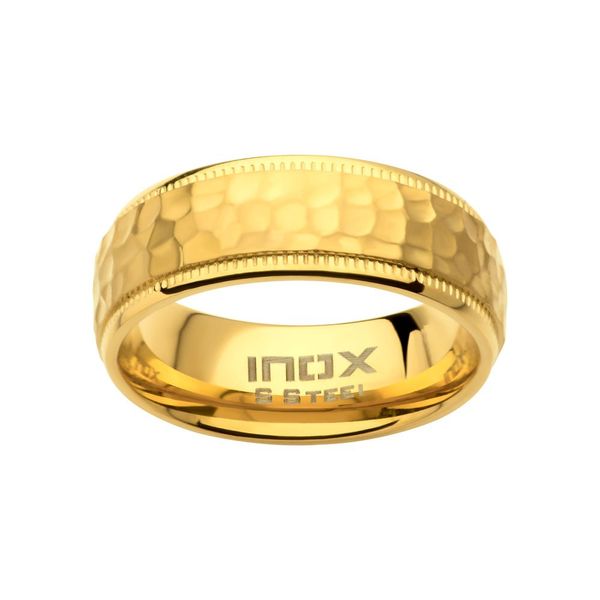 8mm 18K Gold IP Blacksmith Hammered Comfort Fit Ring Image 2 Selman's Jewelers-Gemologist McComb, MS