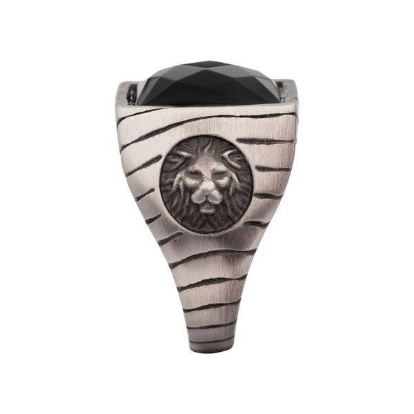 Matte Finish Gun Metal IP with African Lion Sigil & Faceted Black Agate Stone Signet Ring Image 3 Carroll / Ochs Jewelers Monroe, MI